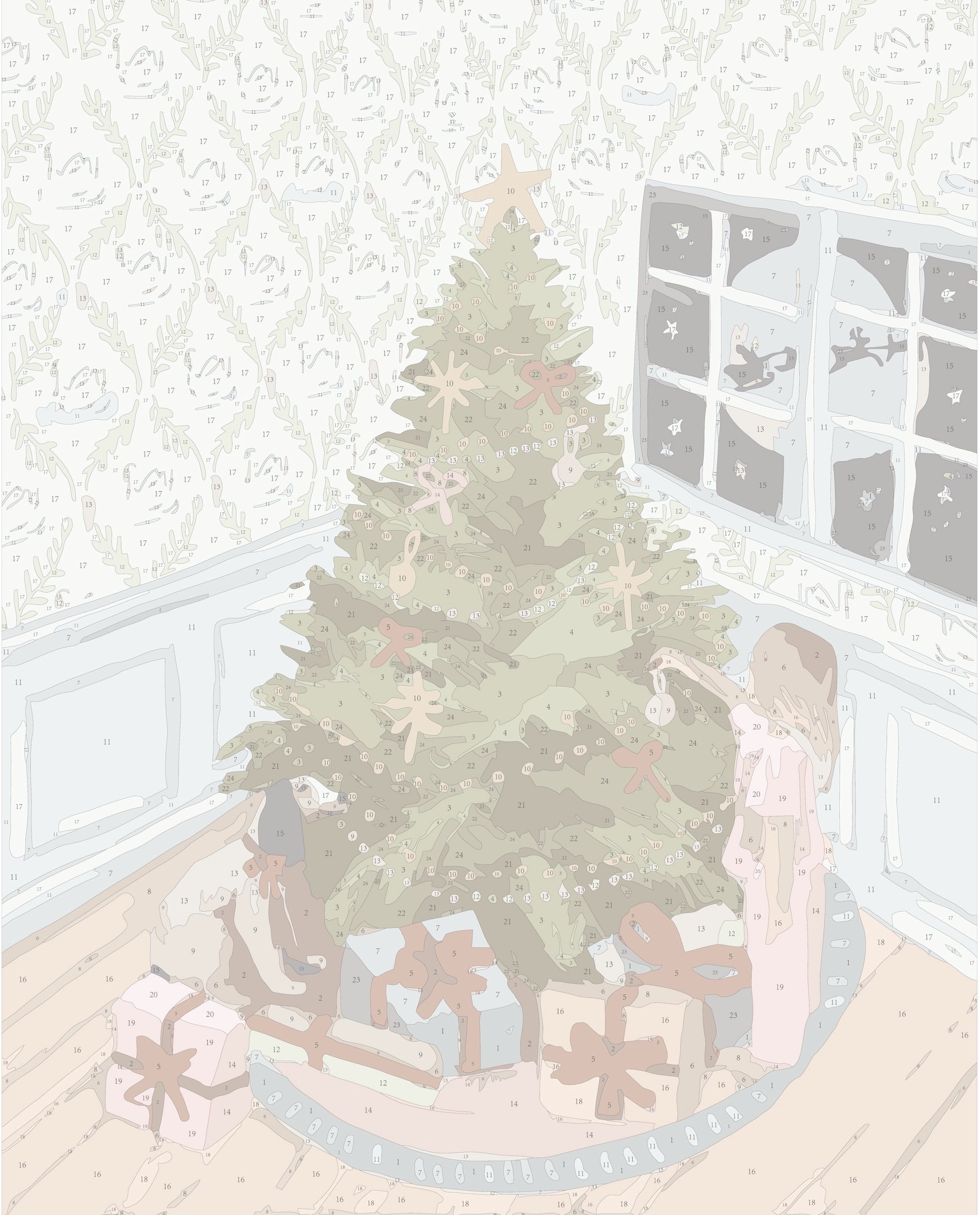 Paint by numbers template for the ‘Christmas Eve’ big framed canvas by Paint Like Frida. The design features a heartwarming holiday scene with a little girl decorating a glowing Christmas tree beside her dog. Wrapped presents sit at the base of the tree, and a window reveals a magical silhouette of Santa and his sleigh in the night sky. Delicate wallpaper and wooden floors complete the cozy interior. Numbered segments guide painters through soft greens, pinks, and neutrals to create a festive, nostalgic art