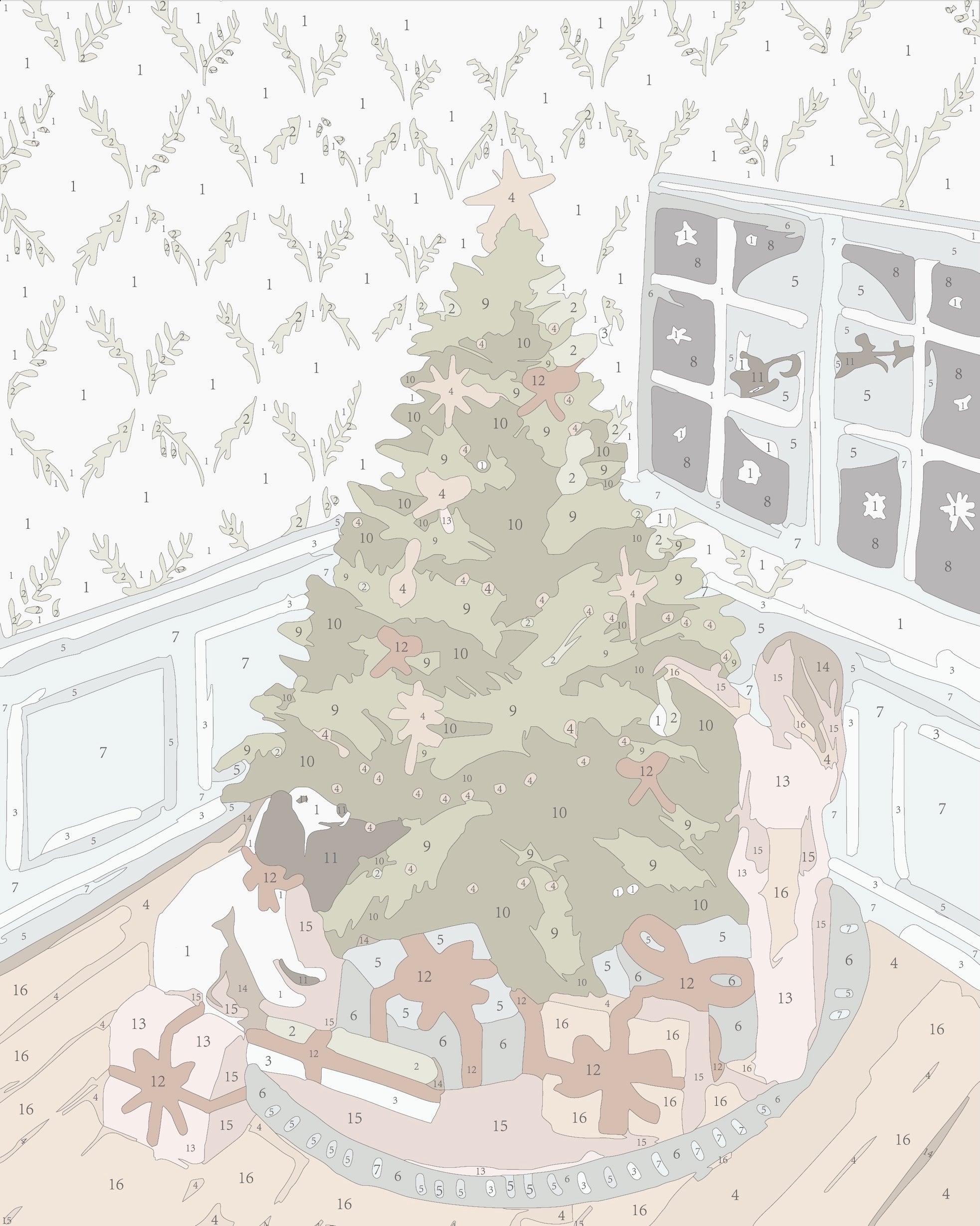 Paint by numbers guide for the ‘Christmas Eve’ mini framed canvas by Paint Like Frida, featuring a decorated Christmas tree surrounded by gifts, a girl in pajamas, and a dog. The background shows a snowy night through a window with Santa’s sleigh, all sectioned and numbered for easy painting.