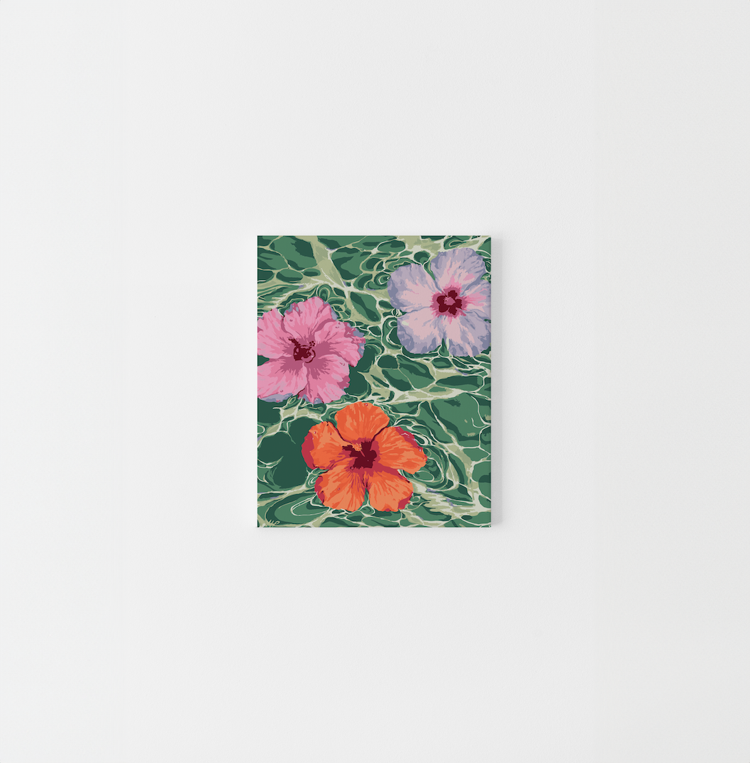 Paint Like Frida’s Hibiscus Dreams Mini Framed Canvas — a tropical paint by numbers kit featuring three floating hibiscus flowers in pink, purple, and orange, set against lush green water swirls, pre-framed and ready to hang.