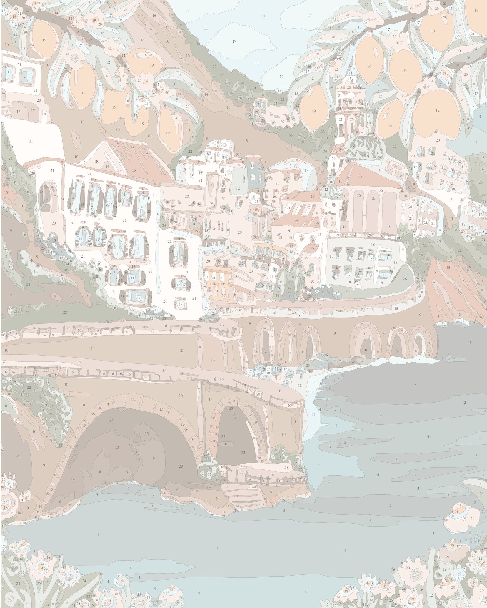Paint by numbers template for the ‘Where Sunshine Meets Citrus’ big framed canvas by Paint Like Frida. This design features a vibrant Mediterranean coastal town nestled between cliffs and the sea, with citrus trees in the foreground. The numbered areas guide painters through intricate details including terracotta rooftops, arched bridges, and the shimmering blue ocean, bringing a sun-soaked village scene to life.