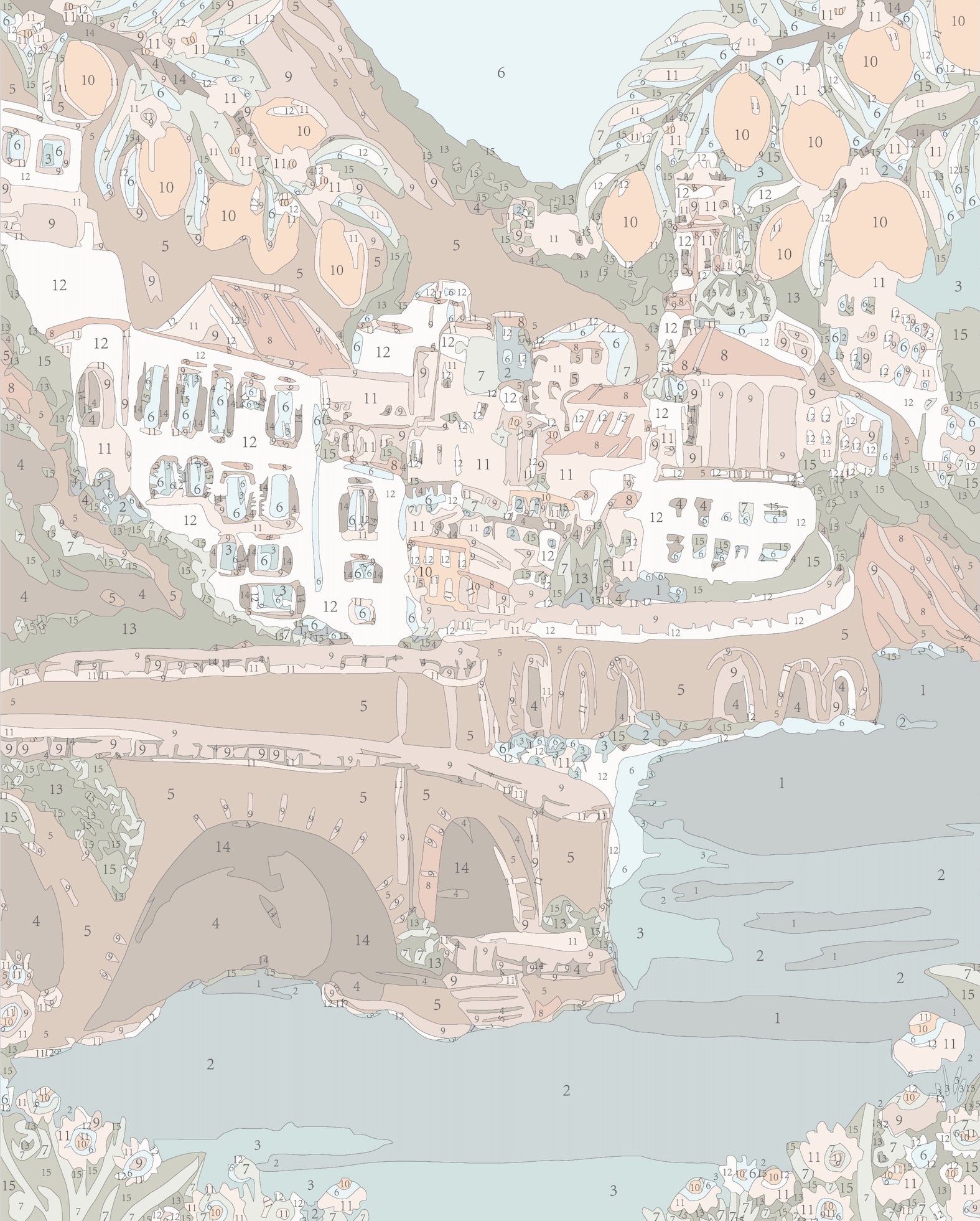 Paint by numbers guide for the ‘Where Sunshine Meets Citrus’ mini framed canvas by Paint Like Frida, featuring a detailed illustration of a scenic coastal town with bright lemons, terracotta buildings, and blue waters. Each section is labeled with numbers to guide the painting process.