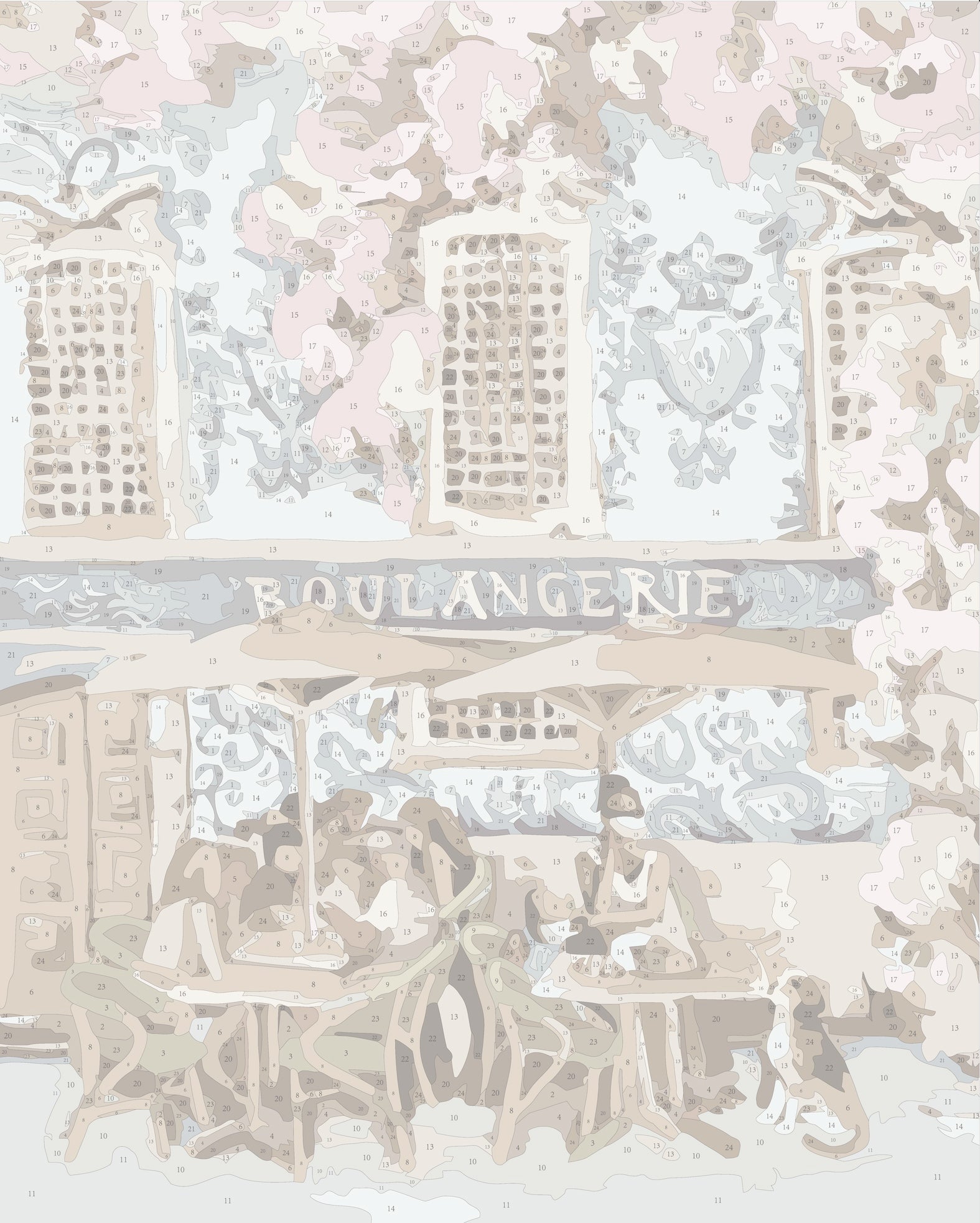 Paint by numbers template for the ‘French Breakfast’ big framed canvas by Paint Like Frida. The design captures a charming Parisian boulangerie scene, complete with outdoor café seating, elegant umbrellas, and figures enjoying a relaxed breakfast. Soft pastel tones highlight the building façade and blooming flowers, while the numbered sections guide painters through the intricate architectural and street details, evoking a dreamy morning in France.