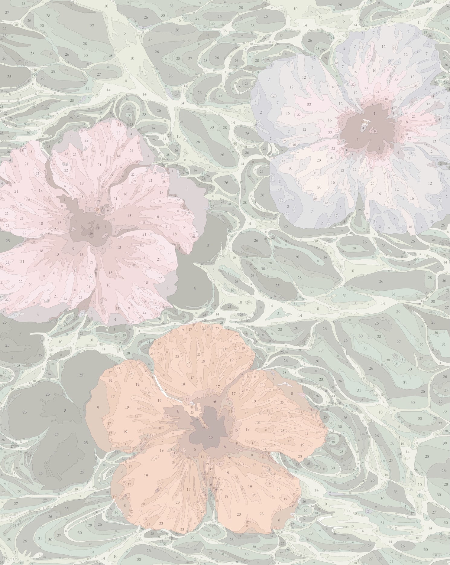 Paint by numbers template for the ‘Hibiscus Dreams’ big framed canvas by Paint Like Frida. The design showcases three large, blooming hibiscus flowers in soft peach, lavender, and pink tones, floating gently across a swirling, abstract background of layered green foliage. The scene captures a tranquil, tropical vibe, with flowing lines and organic shapes that create movement and depth. The numbered sections guide the painter through a harmonious pastel palette to bring the floral artwork to life.