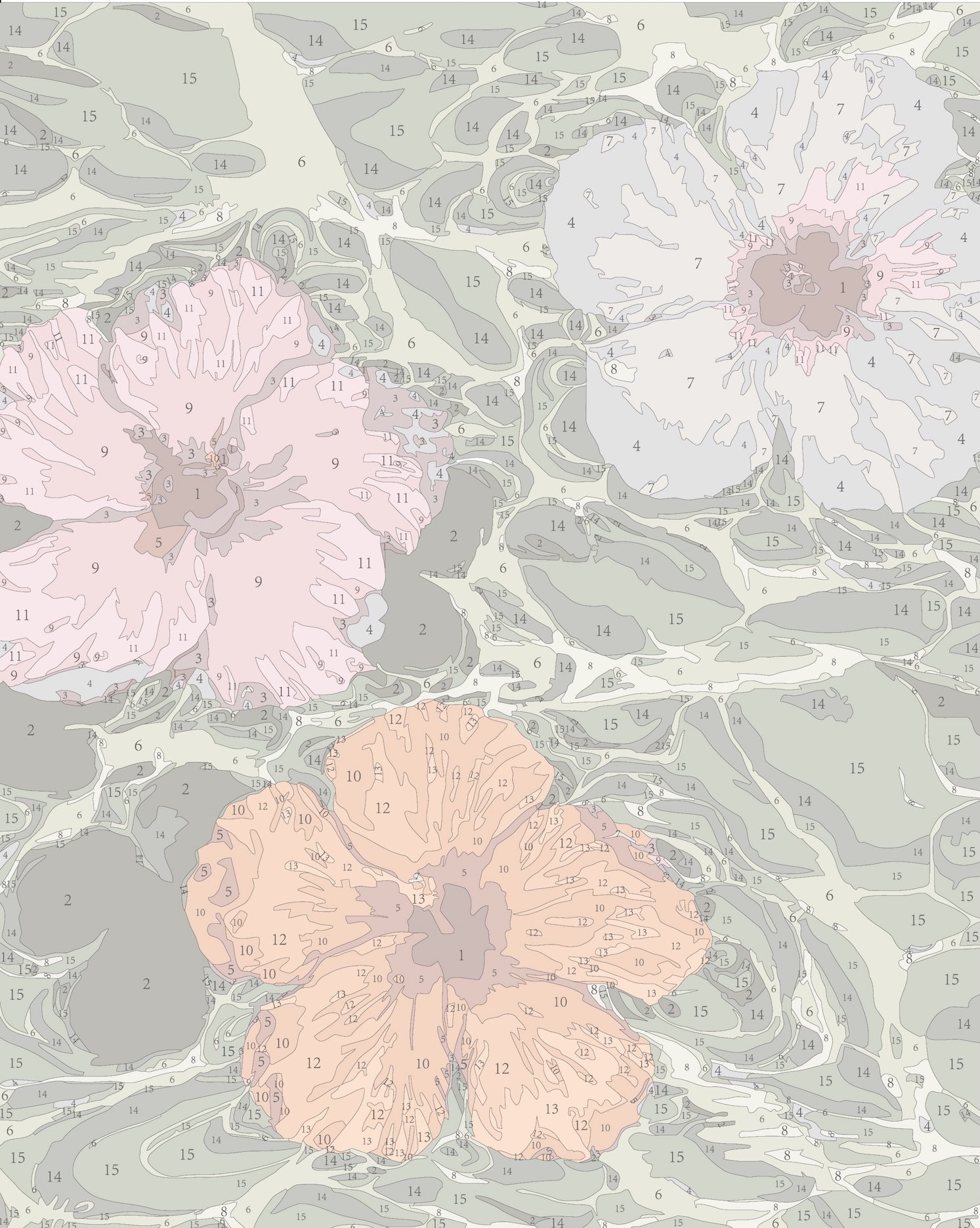 "Paint by numbers template for the ‘Hibiscus Dreams’ mini framed canvas by Paint Like Frida. The design showcases three large hibiscus flowers—pink, lilac, and coral—floating serenely on a marbled green water surface. Each area is numbered to guide the painting process, creating a calming floral scene once completed.