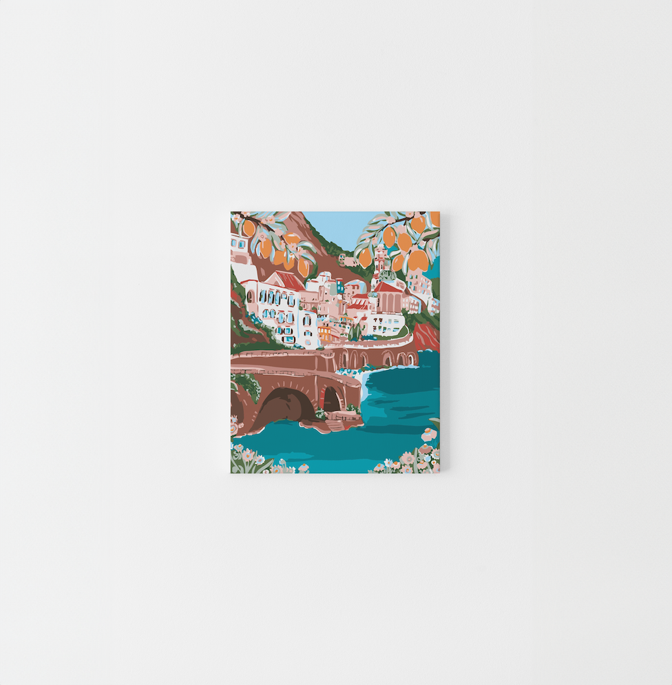 Paint Like Frida’s Where Sunshine Meets Citrus Big Framed Canvas — a vibrant paint by numbers artwork of a coastal Italian village with terracotta rooftops, lemon trees, and turquoise water, framed in a custom wooden floating frame.