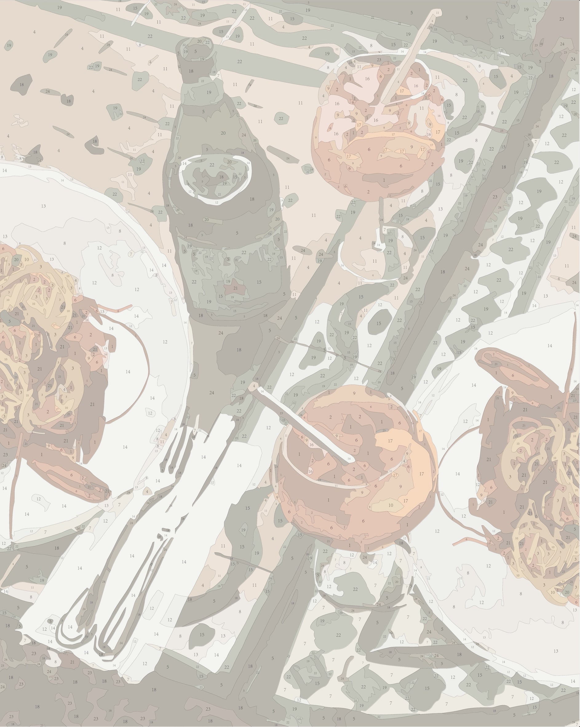 Paint by numbers template for the ‘Frutti di Mare and Aperol Spritz’ big framed canvas by Paint Like Frida. The artwork captures a lively Italian dining scene viewed from above, with plates of seafood pasta, a bottle of sparkling water, and two bright orange Aperol spritz cocktails on a patterned table. Cutlery, napkins, and table decor add rich detail, while the numbered sections guide painters through warm terracotta tones, creamy whites, greens, and soft shadows for a vibrant Mediterranean moment.