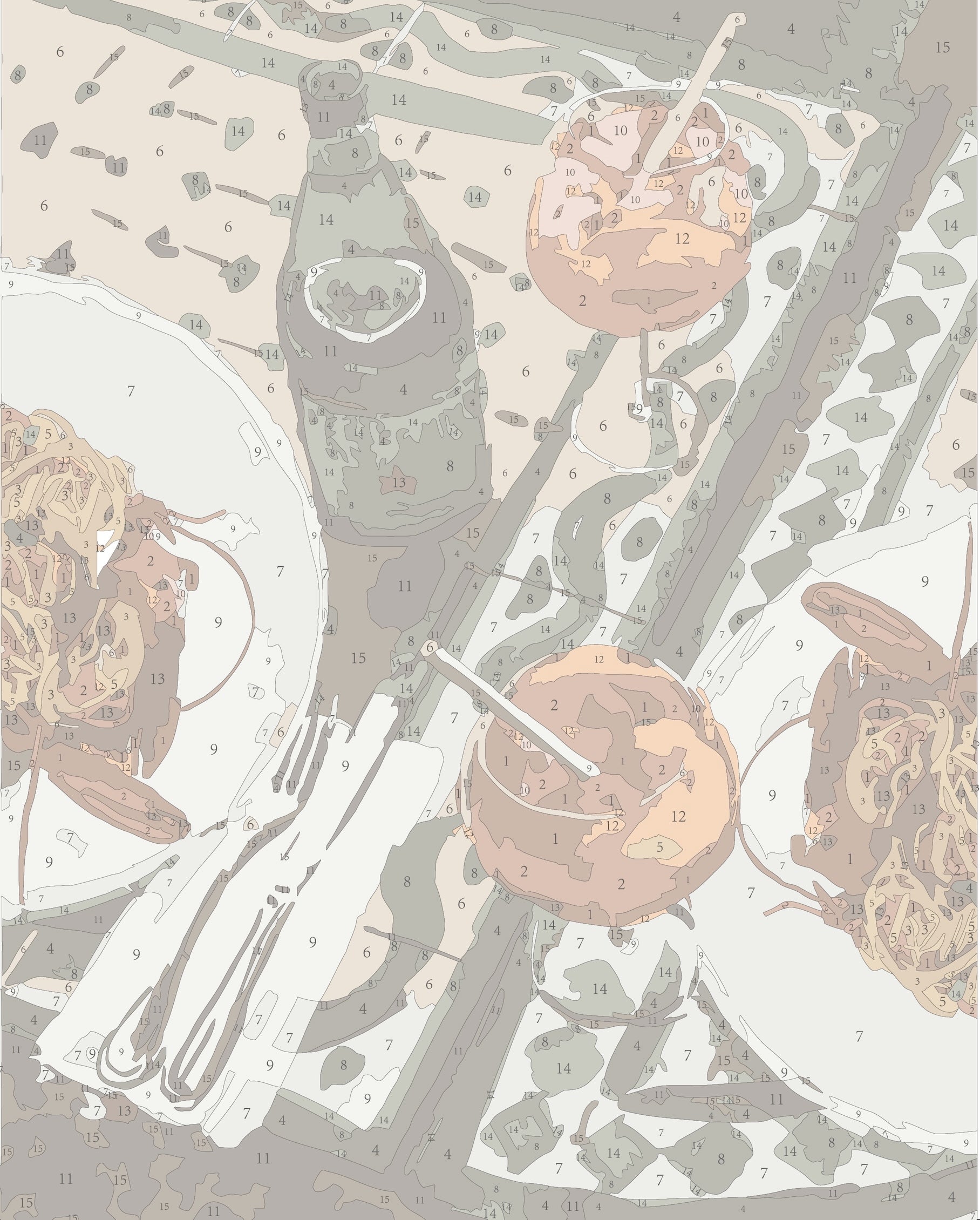 Paint by numbers guide for the ‘Frutti di Mare and Aperol Spritz’ mini framed canvas by Paint Like Frida. The artwork features two plates of seafood pasta, Aperol spritz cocktails, and a green bottle set on a patterned outdoor table, with all sections clearly numbered for painting.