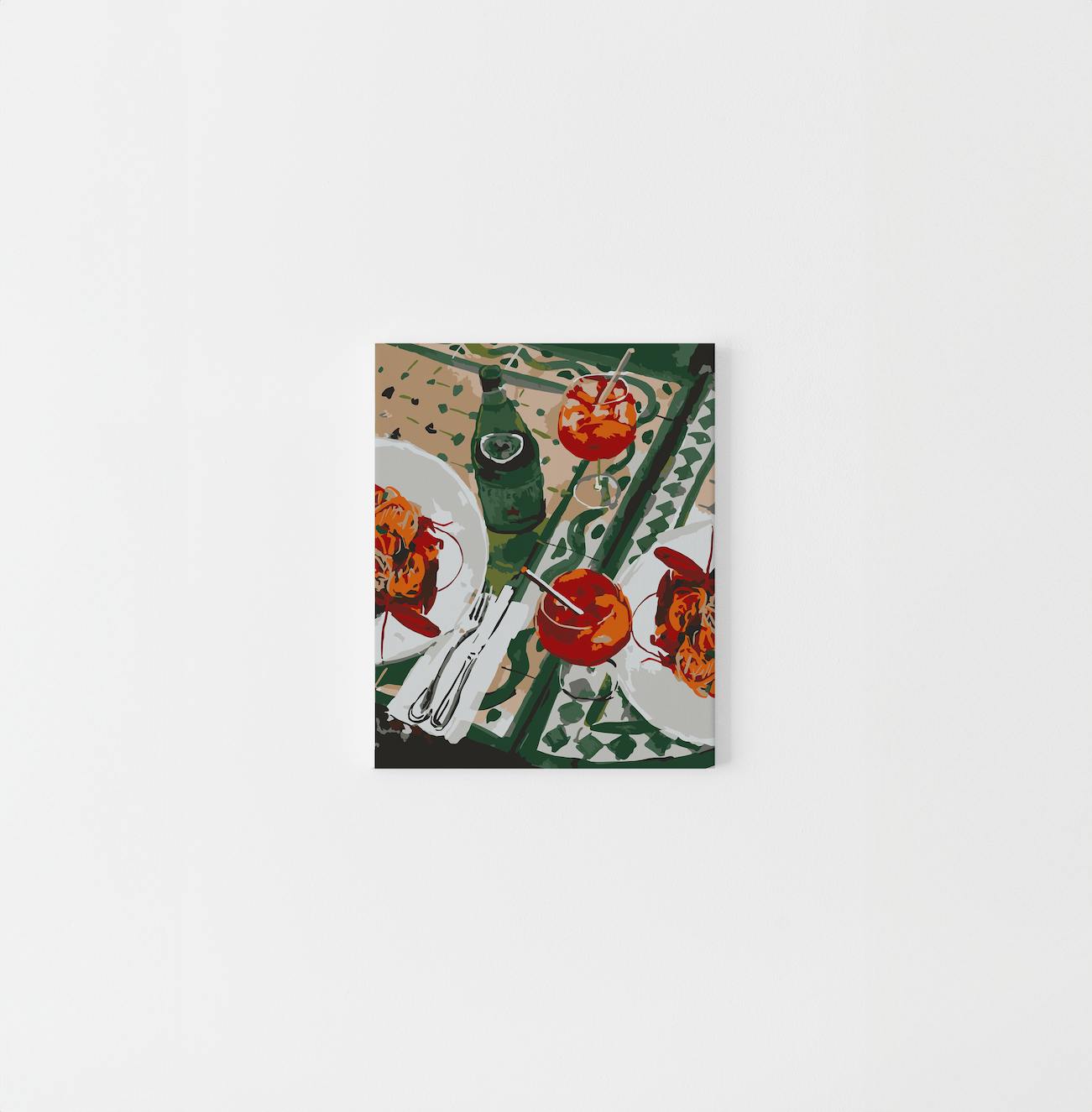 Paint Like Frida’s Frutti di Mare and Aperol Spritz Mini Framed Canvas — a summer lunch paint by numbers kit featuring seafood pasta, bright orange spritzes, and a green bottle, pre-framed and perfect for small spaces.