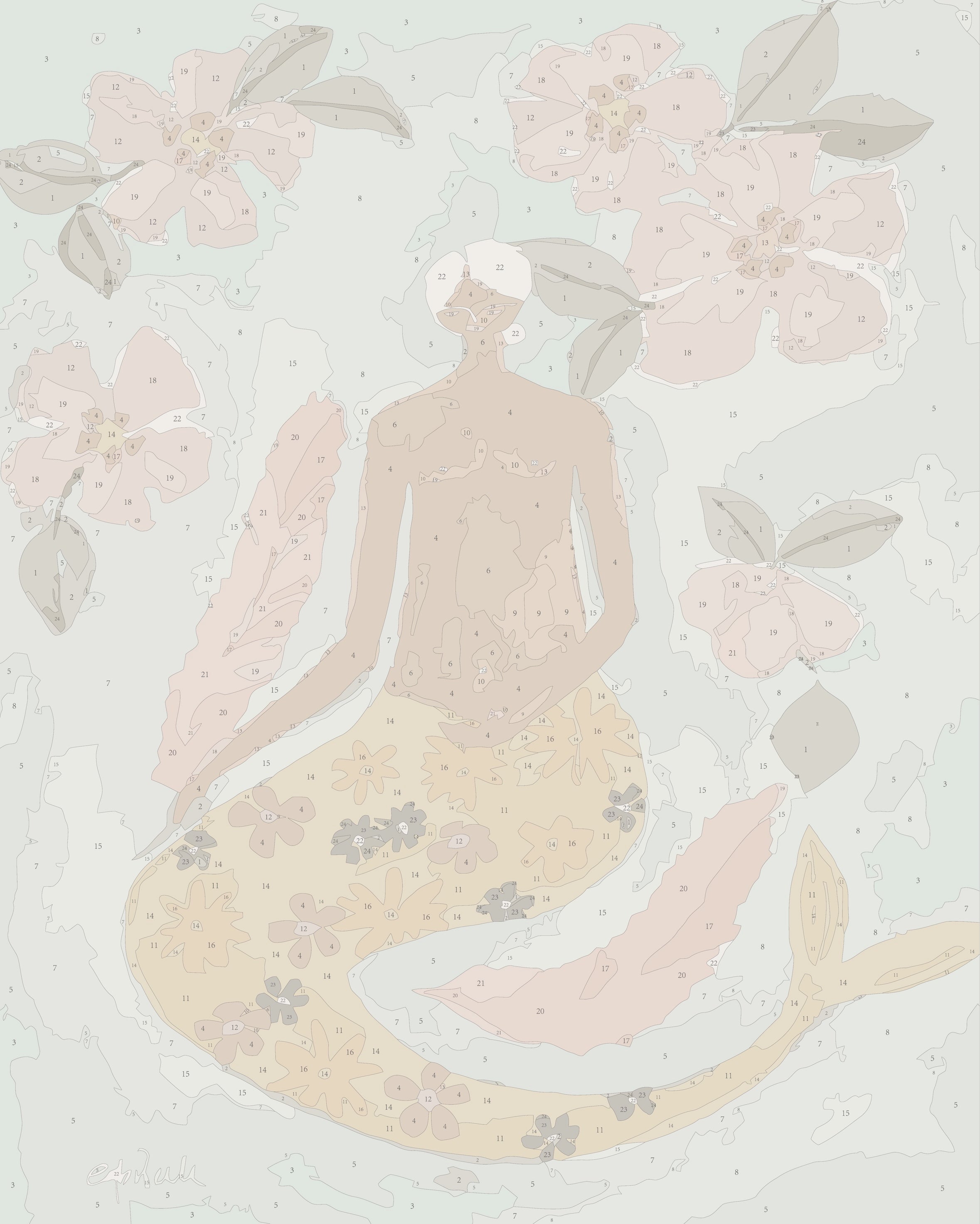 Paint by numbers template for the ‘Lady of the Sea’ big framed canvas by Paint Like Frida. The artwork features a serene mermaid with brown skin and a vibrant yellow, flower-patterned tail, surrounded by large pink hibiscus flowers and soft foliage on a light seafoam background. The numbered sections guide users through a calming palette of pastel peach, gold, coral, and muted greens to bring this dreamy, tropical underwater scene to life.