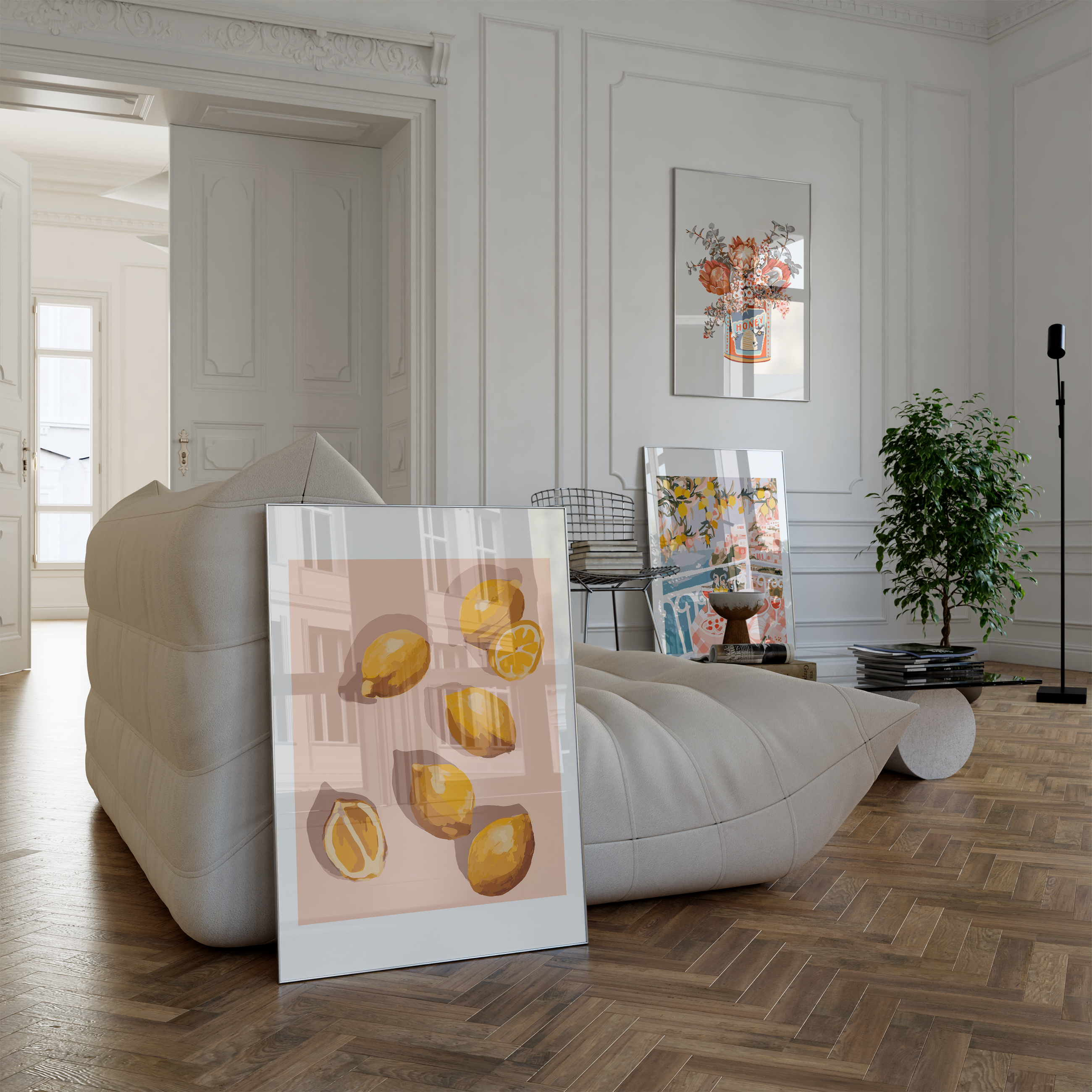 3 paint by number kits from paint like frida, framed, being displayed in a modern Parisian style apartment. 